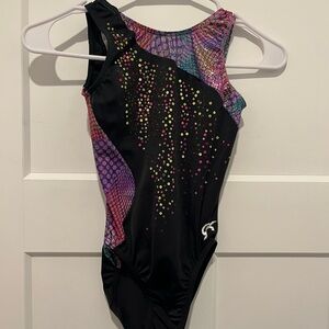 GK Black Leotard with Vibrant Multicolor Design